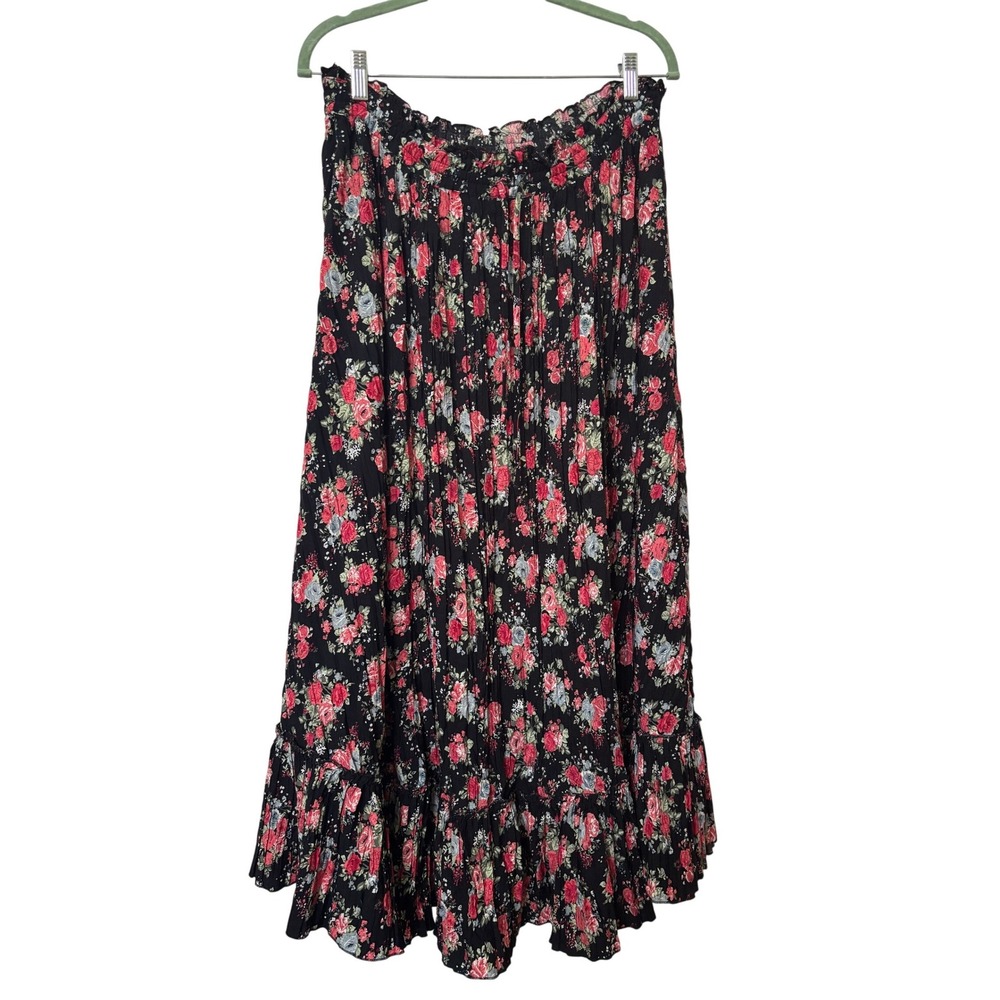 Y2K WD.NY Black Floral Rose Pleated Maxi Skirt Whimsigoth Romantic 90s